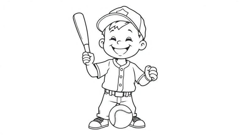 Una placa de color de un niño sonriente jugando al béisbol.