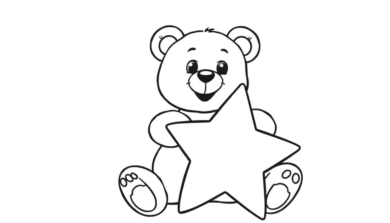Placa de color de un osito de peluche sonriente abrazando una estrella.