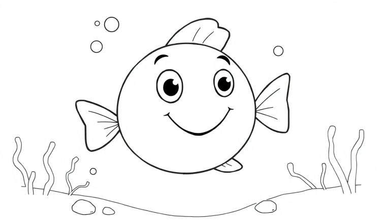 Placa de color de un pez de dibujos animados feliz en el océano con burbujas y el lecho marino.