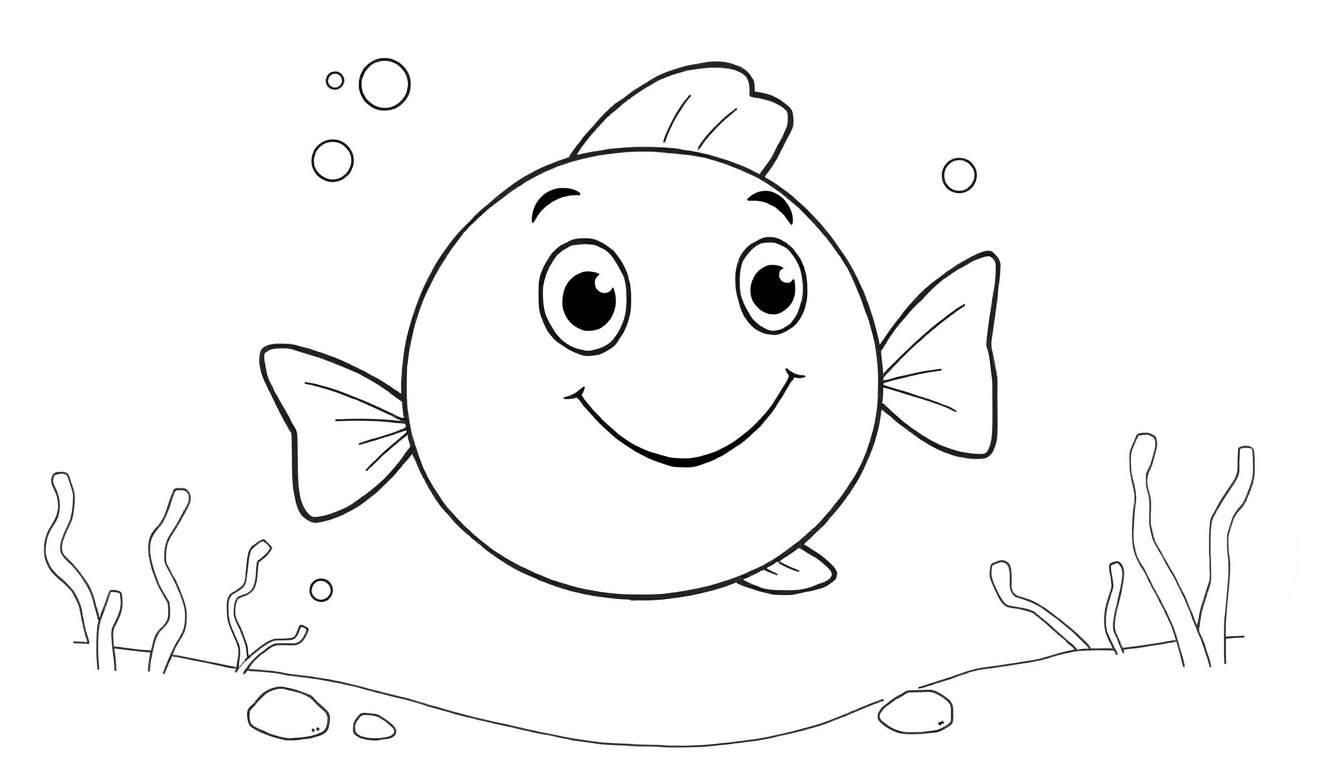 Placa de color de un pez de dibujos animados feliz en el océano con burbujas y el lecho marino.