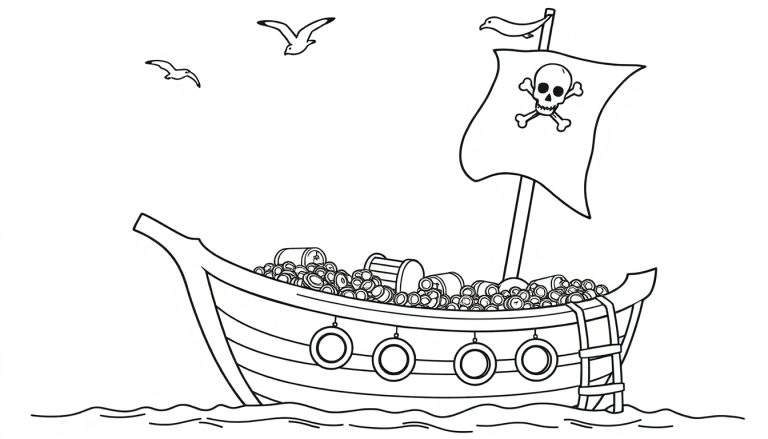 Un barco pirata con bandera de calavera y huesos cruzados, cargado de tesoros, listo para ser coloreado. Una placa de color que representa la aventura.