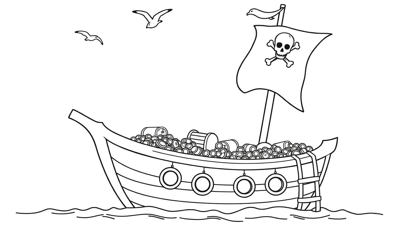 Un barco pirata con bandera de calavera y huesos cruzados, cargado de tesoros, listo para ser coloreado. Una placa de color que representa la aventura.