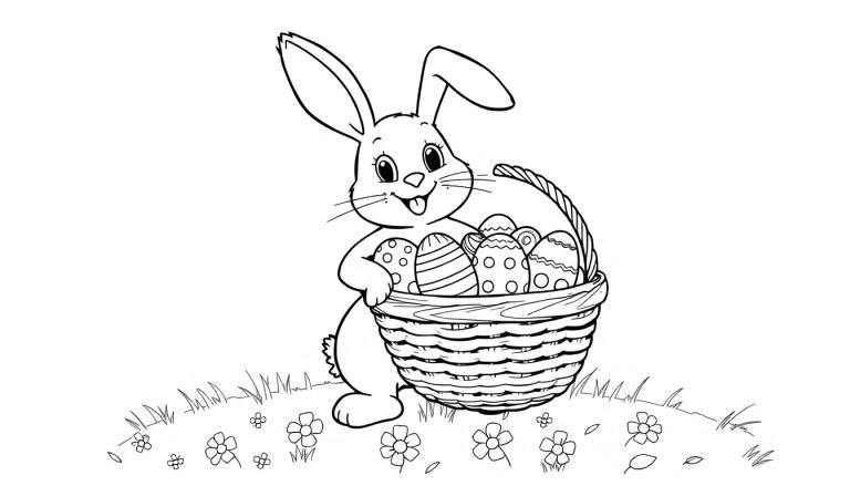 Un conejito de Pascua dibuja en blanco y negro con una cesta llena de huevos decorados.