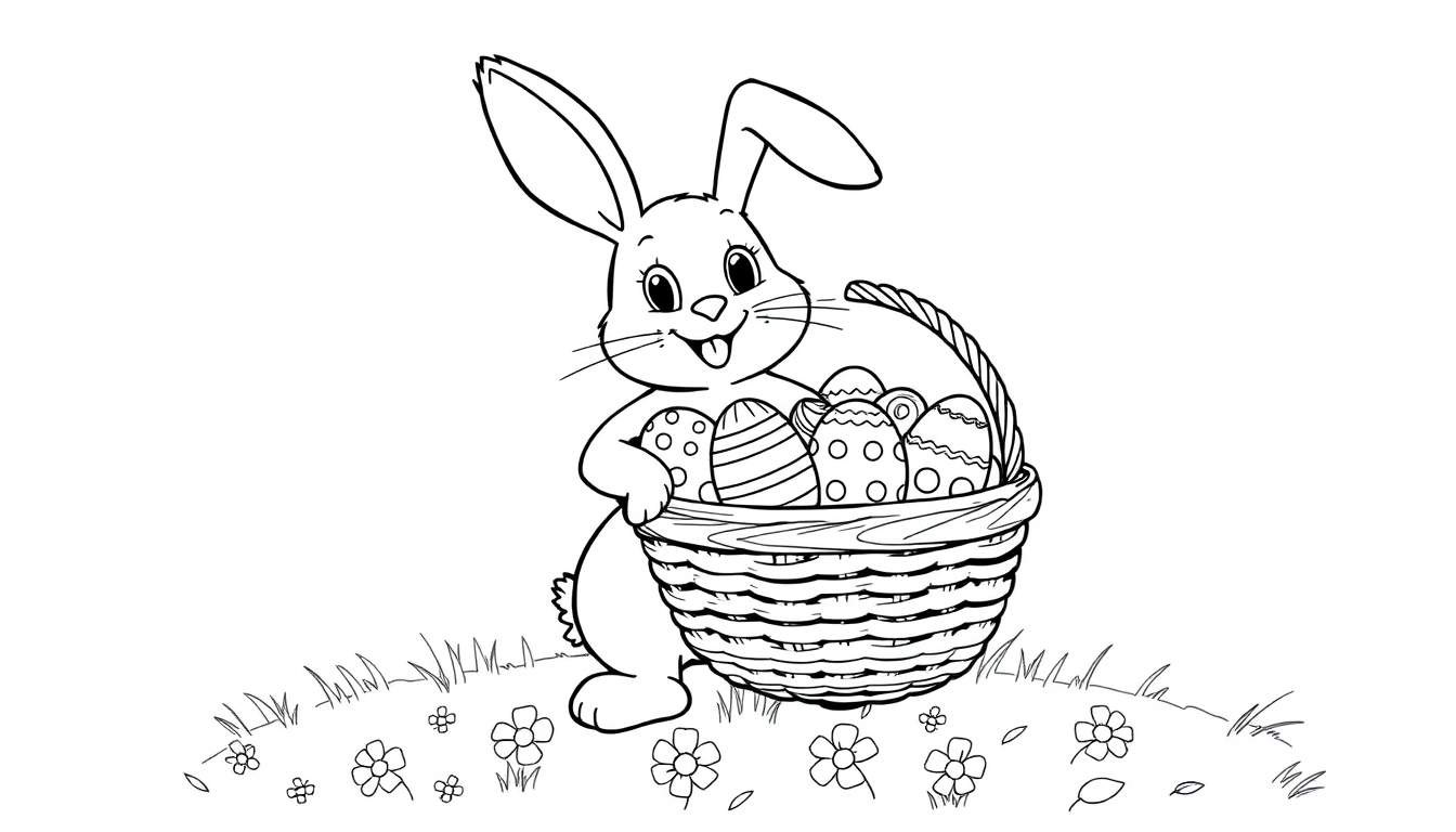 Un conejito de Pascua dibuja en blanco y negro con una cesta llena de huevos decorados.
