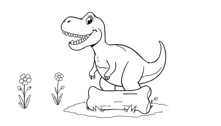 Un dinosaurio Rex amigable y sonriente sobre un hueso, listo para colorear, con flores, en una placa de color.