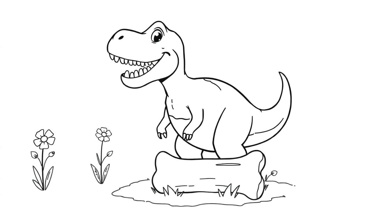 Un dinosaurio Rex amigable y sonriente sobre un hueso, listo para colorear, con flores, en una placa de color.