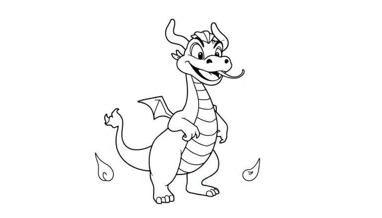 Un dragón de caricatura amistoso en blanco y negro para colorear, de pie sobre sus patas traseras con la lengua fuera, con llamas a los lados.