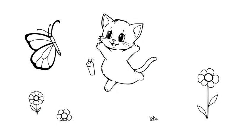 Gato feliz bailando con una oruga flotante, una mariposa y flores, una placa de color para colorear.