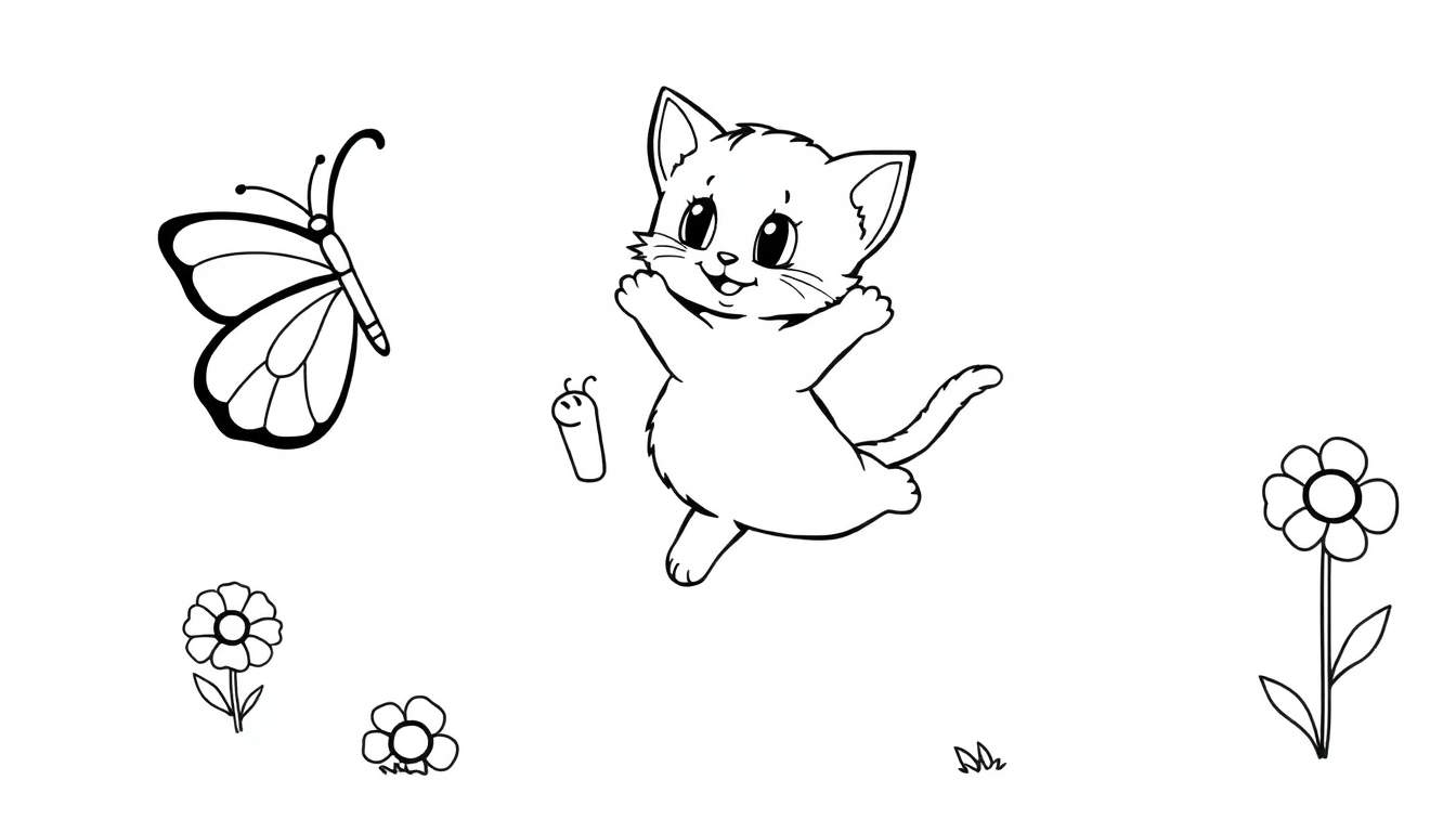 Gato feliz bailando con una oruga flotante, una mariposa y flores, una placa de color para colorear.