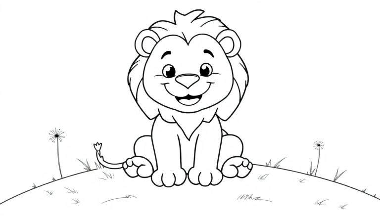 Placa de color de un león sonriente sentado en una colina con dientes de león.