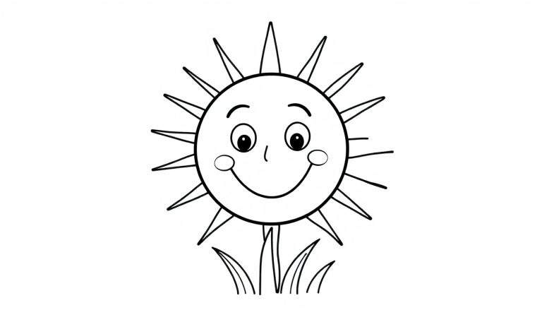 Una placa de color de un sol sonriente entre hierba.
