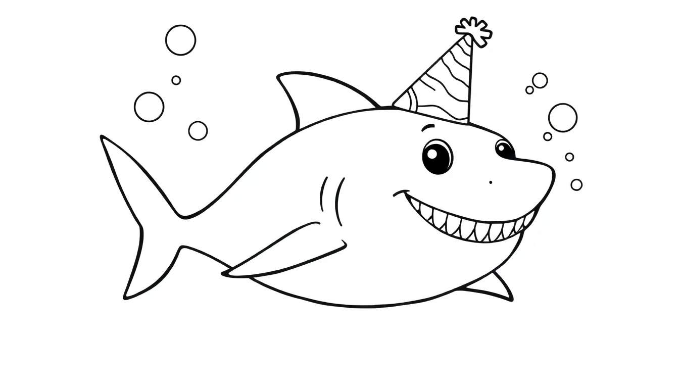 Un tiburón sonriente con un gorro de fiesta, listo para colorear, con burbujas a su alrededor.