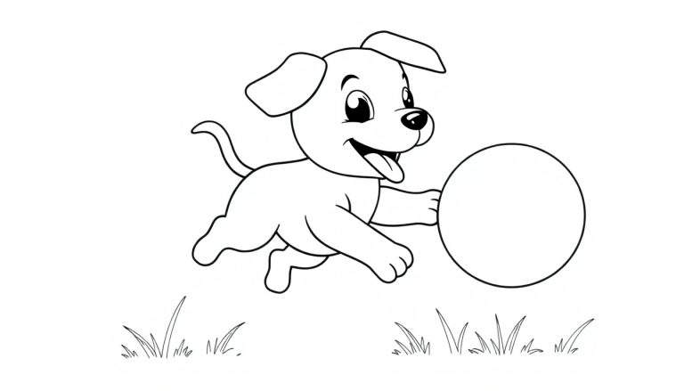 Placa de color de un perro de caricatura feliz persiguiendo una pelota en la hierba.