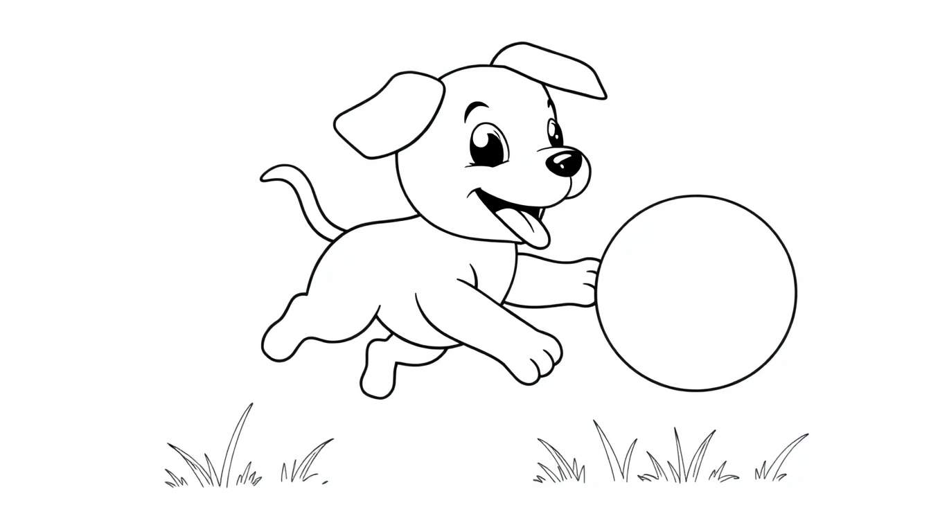Placa de color de un perro de caricatura feliz persiguiendo una pelota en la hierba.