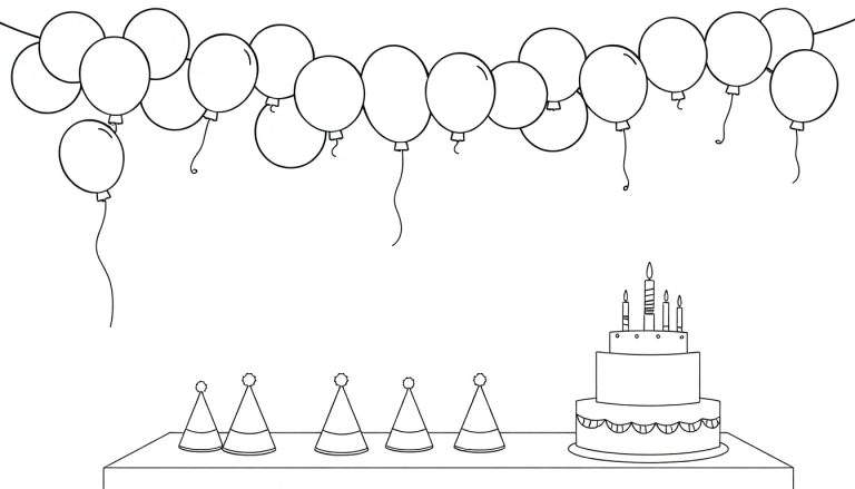 Una placa de color para colorear de una fiesta de cumpleaños con globos, gorritos y pastel.