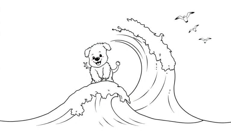 Un cachorro feliz surfeando una gran ola, con gaviotas en el cielo, listo para colorear en una placa.
