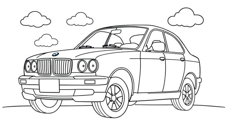 Un coche clásico BMW para colorear, con nubes en la placa de color.
