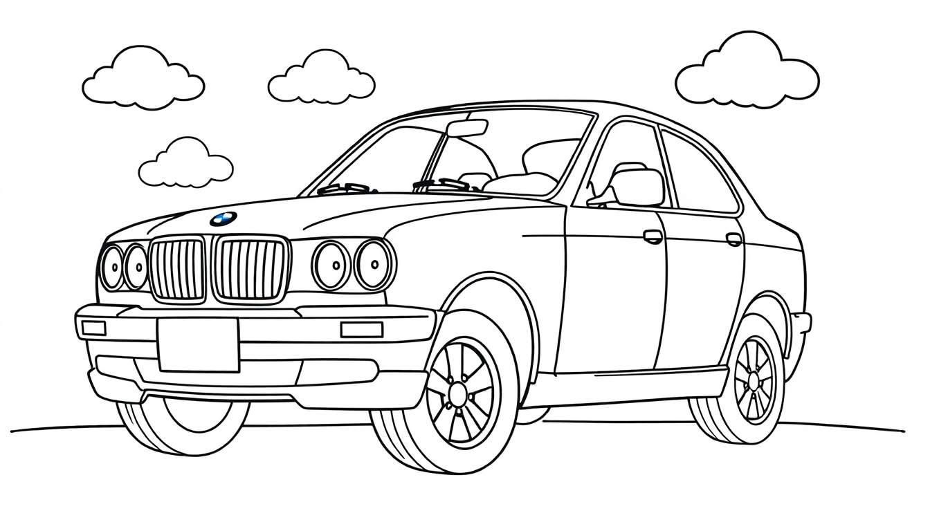 Un coche clásico BMW para colorear, con nubes en la placa de color.