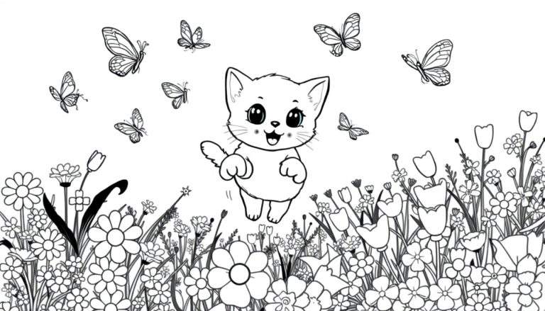 Gato de colorear persiguiendo mariposas en un prado de flores, una placa para colorear.