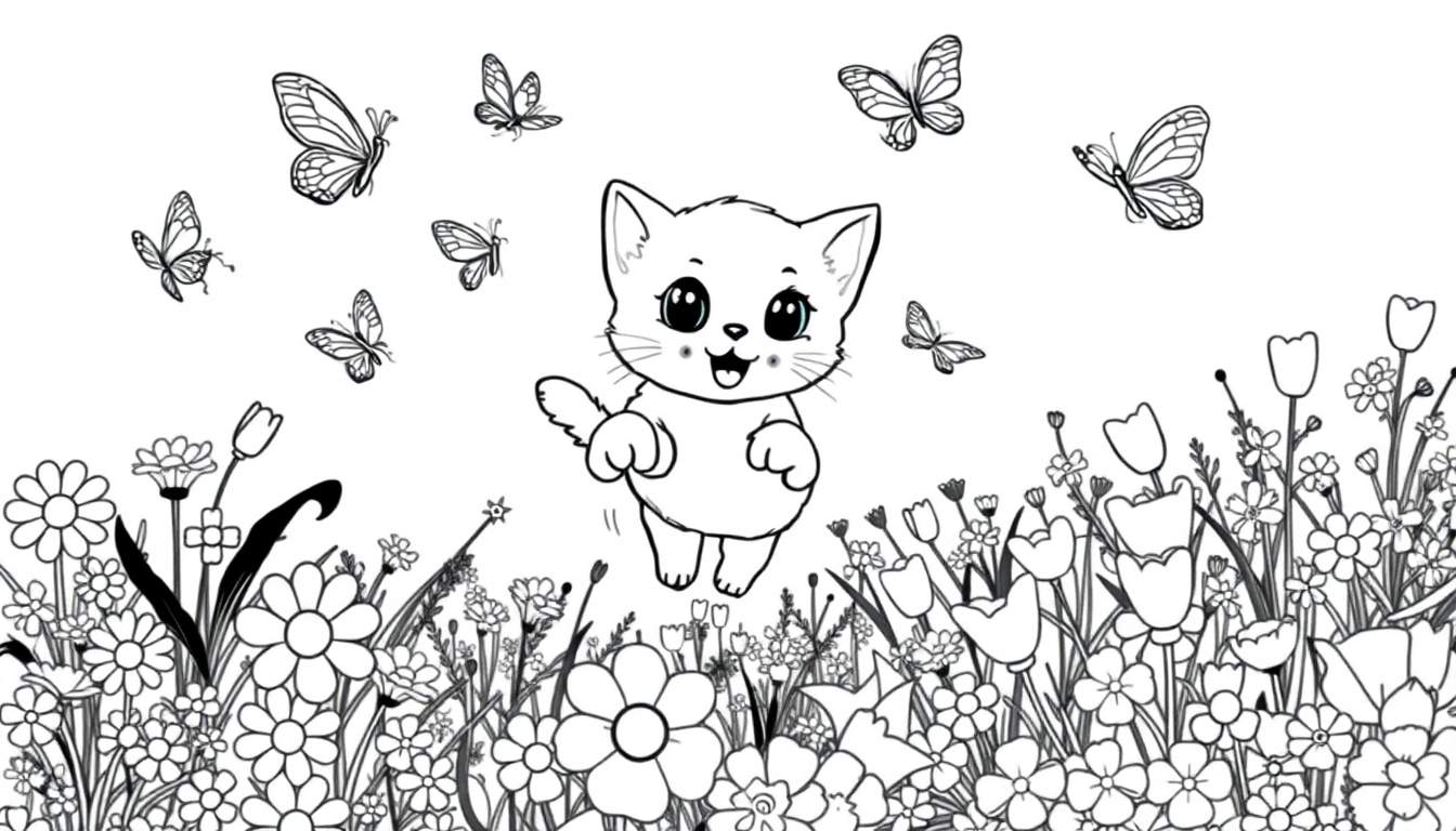 Gato de colorear persiguiendo mariposas en un prado de flores, una placa para colorear.