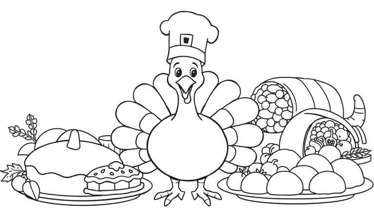 Página para colorear de Acción de Gracias con un pavo chef sonriente rodeado de comida.