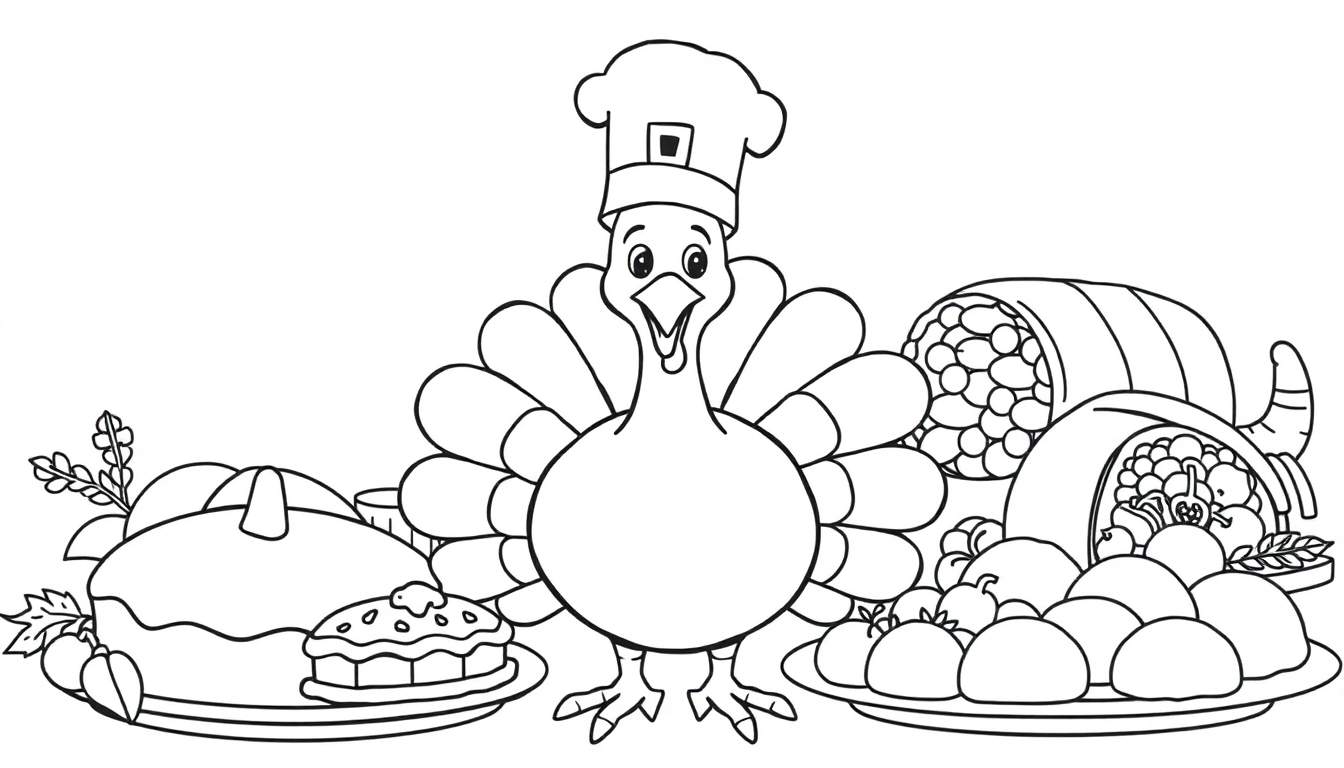 Página para colorear de Acción de Gracias con un pavo chef sonriente rodeado de comida.