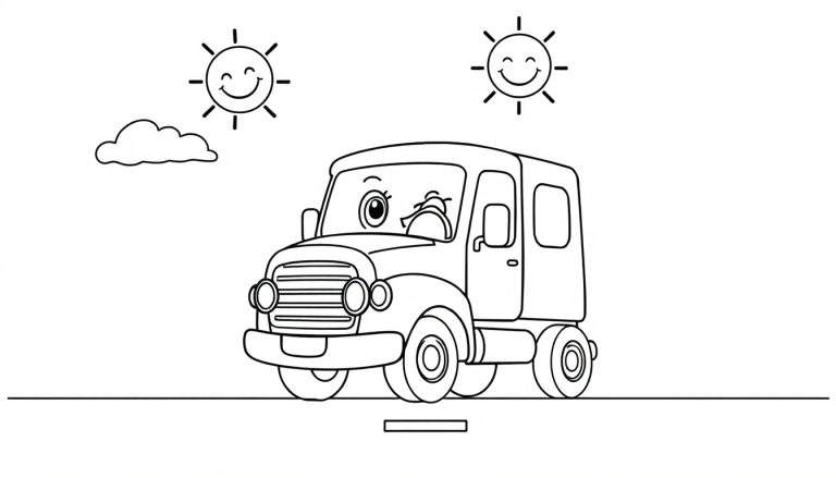 Página de colorear de un camión sonriente en una carretera soleada, listo para la placa de color.