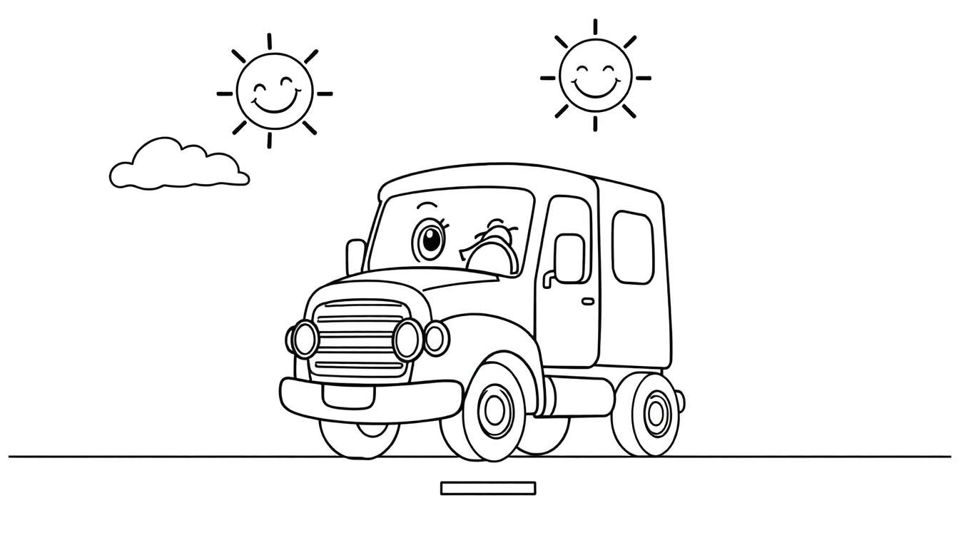 Página de colorear de un camión sonriente en una carretera soleada, listo para la placa de color.