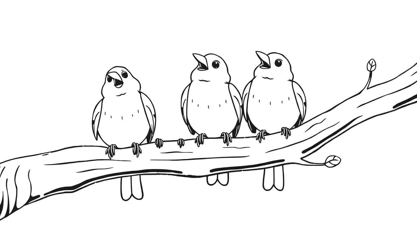 Tres pájaros en una rama, listos para la placa de color.