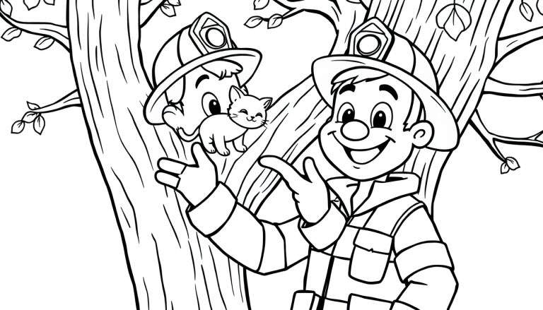 Placa de color: bombero sonriendo con un gato en un árbol.