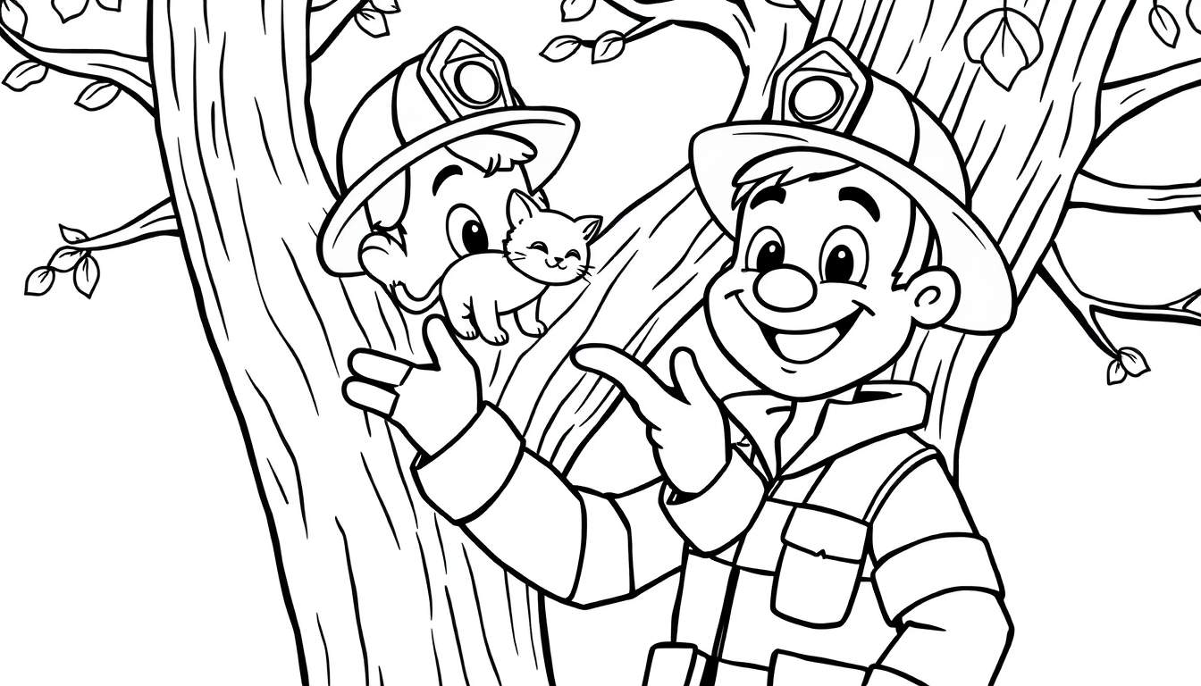 Placa de color: bombero sonriendo con un gato en un árbol.