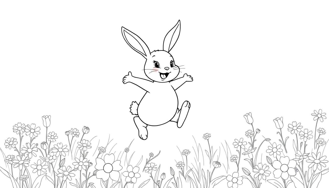 Un conejito feliz saltando en un campo de flores, listo para colorear en la placa de color.