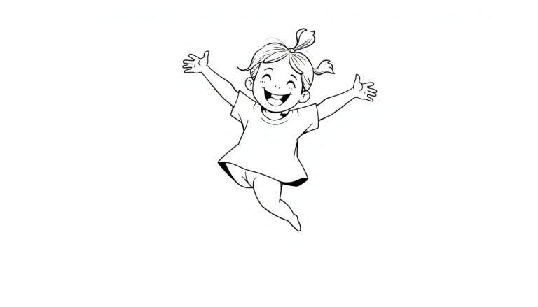 Ilustración de una niña sonriente con coletas haciendo un salto, lista para colorear en la placa de color.