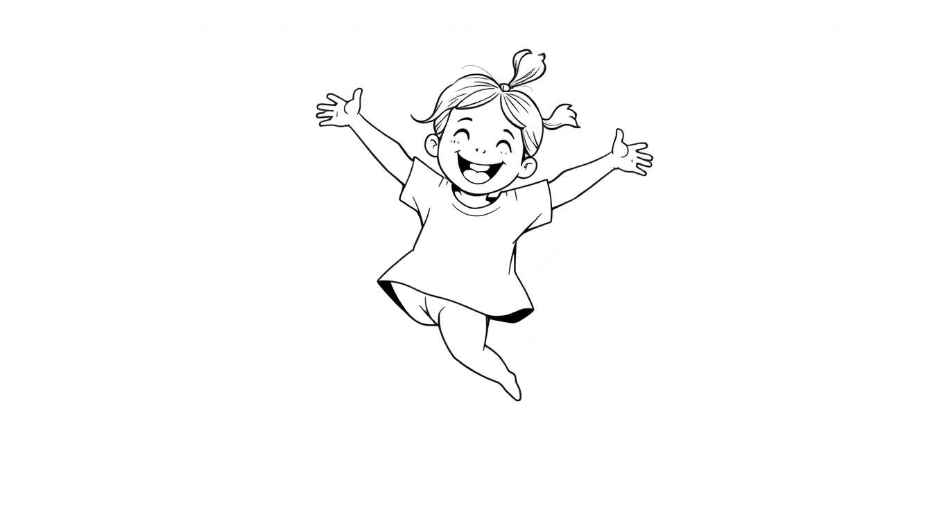 Ilustración de una niña sonriente con coletas haciendo un salto, lista para colorear en la placa de color.