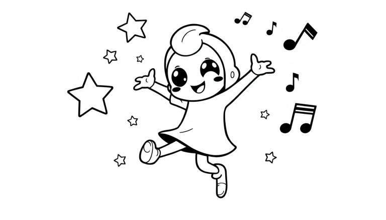 Una niña sonriente bailando rodeada de estrellas y notas musicales, lista para ser coloreada. Placa de color.