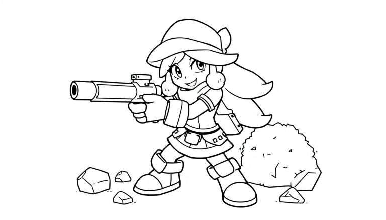 Página para colorear de Shelly de Brawl Stars lista para la acción, mostrando su estilo de anime y su arma. Placa de color.