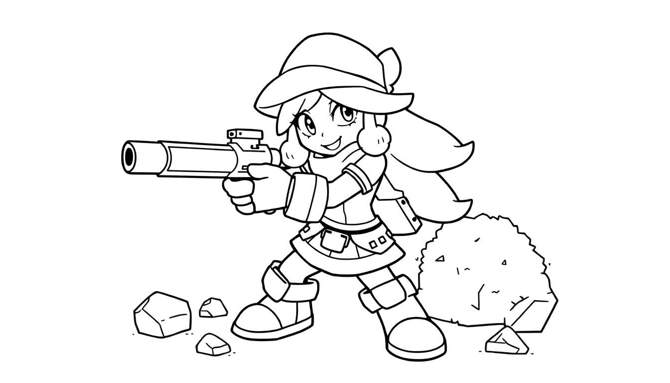 Página para colorear de Shelly de Brawl Stars lista para la acción, mostrando su estilo de anime y su arma. Placa de color.