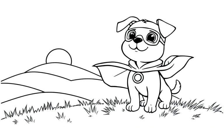 Cachorro superhéroe listo para colorear, con capa y máscara.