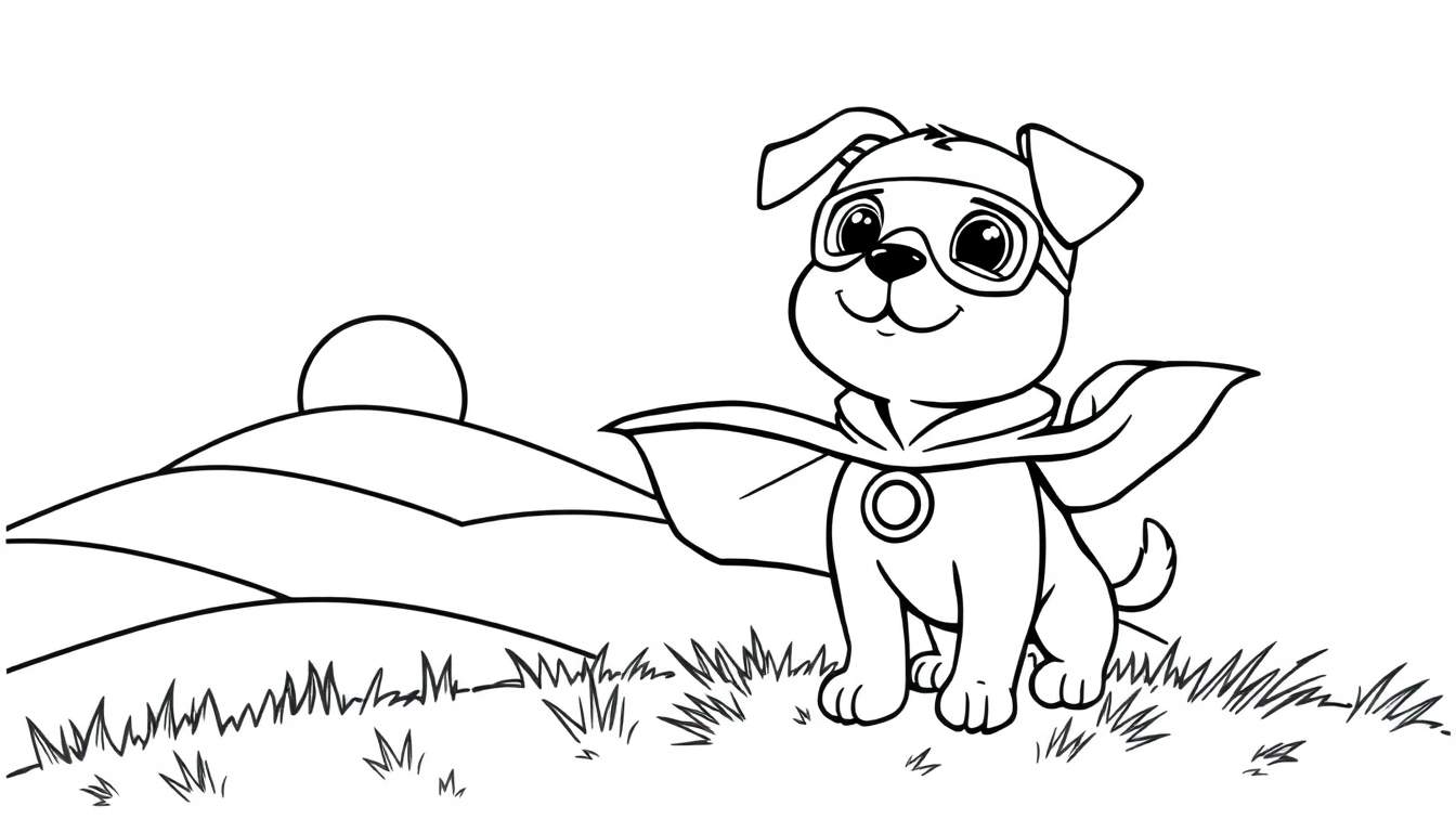 Cachorro superhéroe listo para colorear, con capa y máscara.