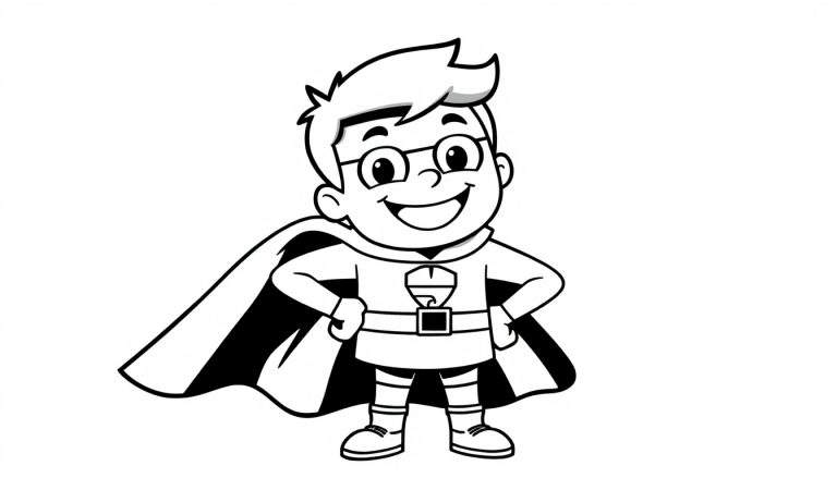 Un niño superhéroe con gafas, listo para colorear en su placa de color.