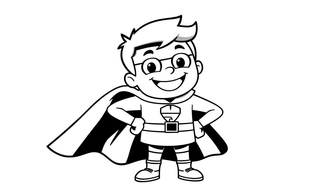 Un niño superhéroe con gafas, listo para colorear en su placa de color.