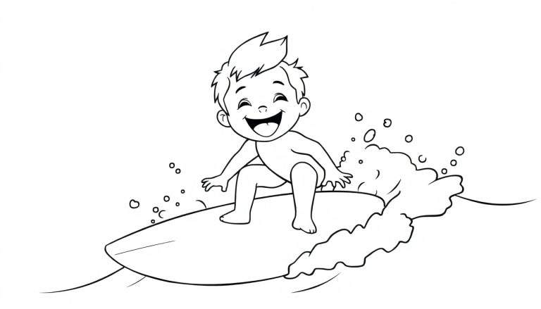 Niño sonriente en una tabla de surf sobre una ola en una página para colorear de placa de color en blanco y negro.