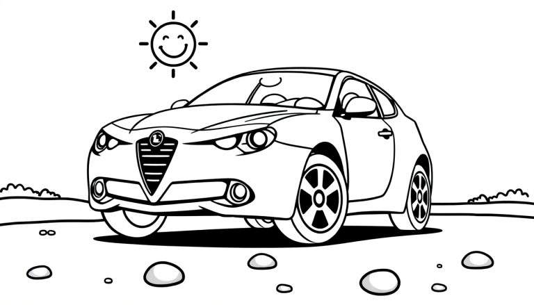 Un coche de carreras Alfa Romeo dibujado para colorear, con contornos negros gruesos y un sol sonriente en el cielo. El coche está rodeado de guijarros y hierba ondulada.