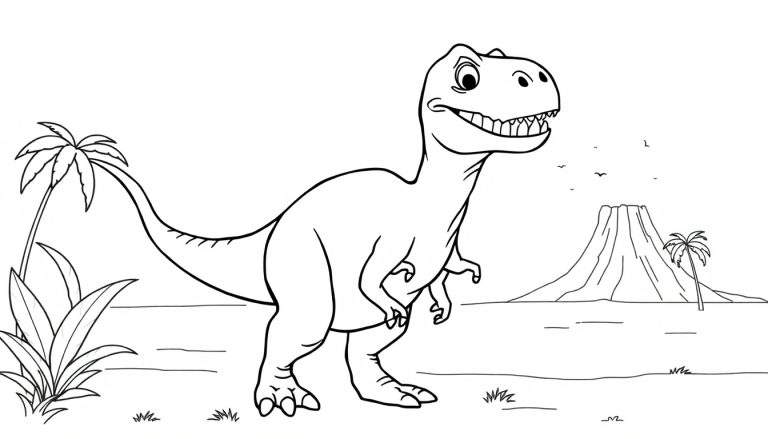 Un T-Rex amigable de dibujos animados listo para colorear con un árbol y un volcán en el fondo, una placa de color para la imaginación.