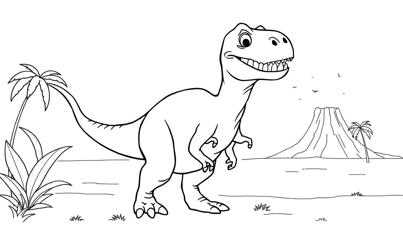 Un T-Rex amigable de dibujos animados listo para colorear con un árbol y un volcán en el fondo, una placa de color para la imaginación.