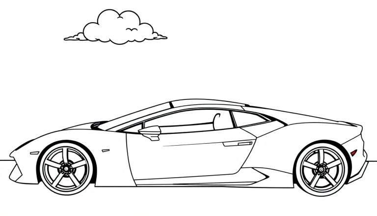 Un coche deportivo rojo para colorear con líneas gruesas y una nube dibujada encima, listo para añadir tu toque de placa de color.