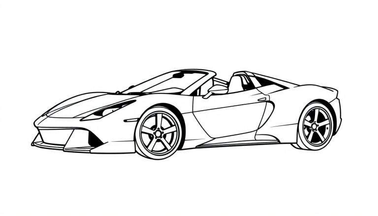 Un coche deportivo descapotable dibujado con líneas negras sobre un fondo blanco, listo para ser coloreado con tu placa de color favorita.