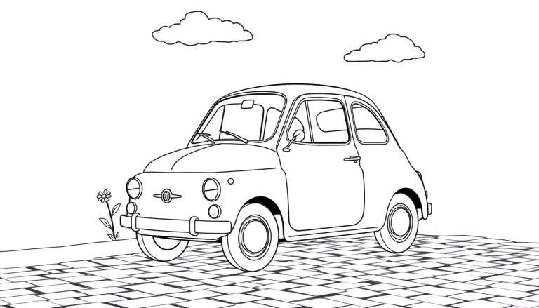 Un dibujo lineal de un Fiat 500 de color, con detalles de una flor y nubes.
