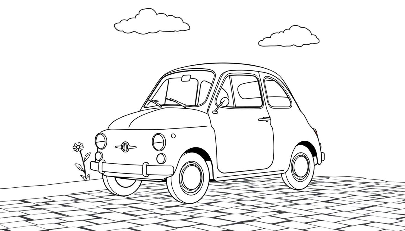 Un dibujo lineal de un Fiat 500 de color, con detalles de una flor y nubes.