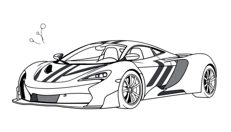 Un coche deportivo McLaren para colorear, con líneas negras y blancas, sobre un fondo blanco con formas abstractas en la esquina superior izquierda.